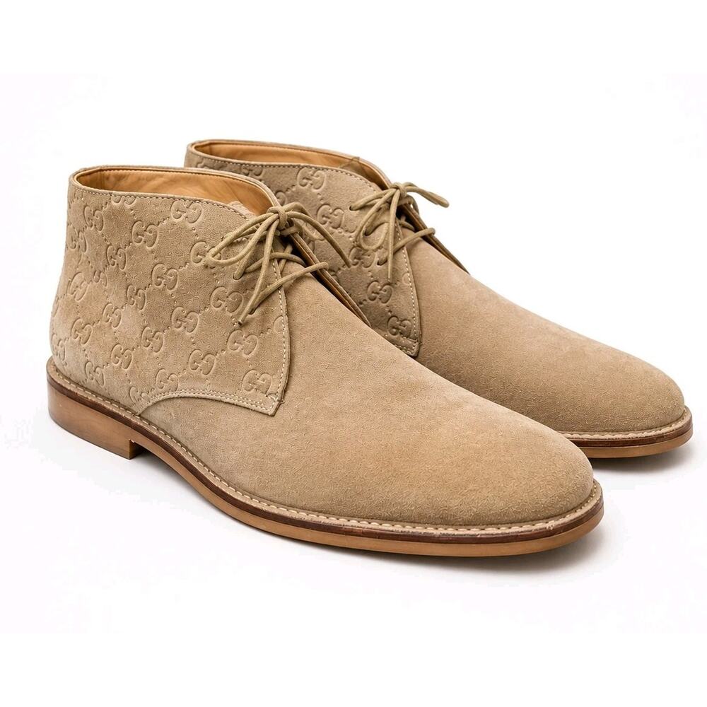 Gucci Antigua Ankle Boots Tan Suede GG Monogram Chukka Desert Mens 10 Italy